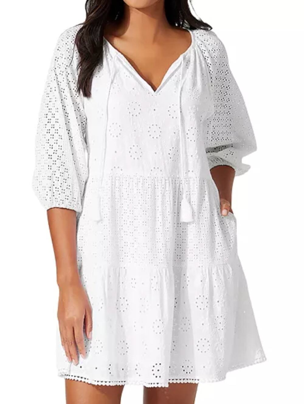 Tommy Bahama Harbour Cover-Up Mini Eyelet Dress White Small